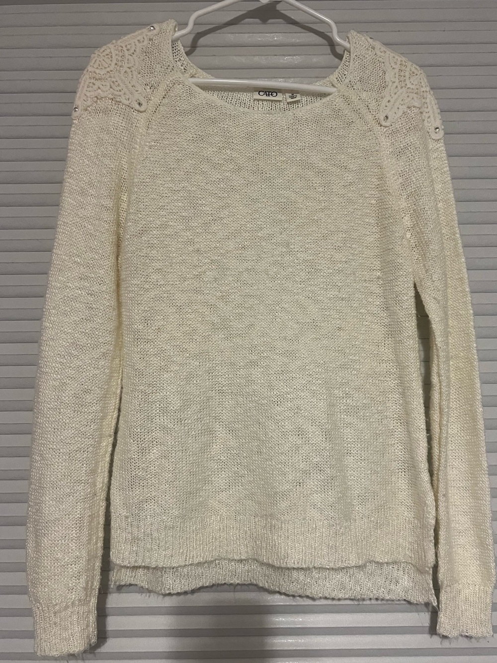 Cato Women's Cream Knit Crewneck Sweater with Lace Shoulder Accents
